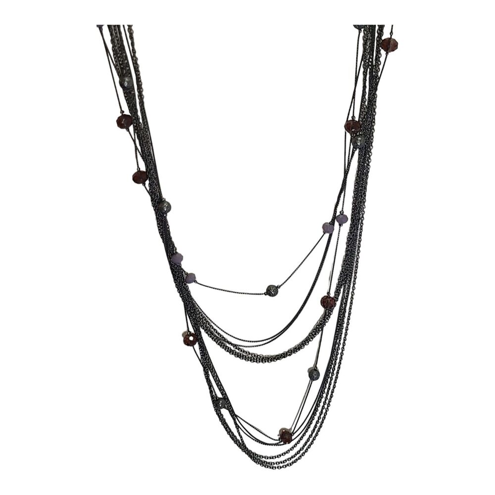 Gunmetal & Purple‎ Crystal Bead Multi Strand Station Necklace 26-28"
